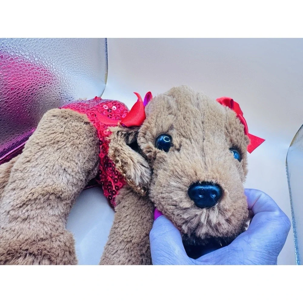 Poochie‎ & Co Plush Dog Handbag Brown plush Red Sequin Shoulder Bag Bone Zipper